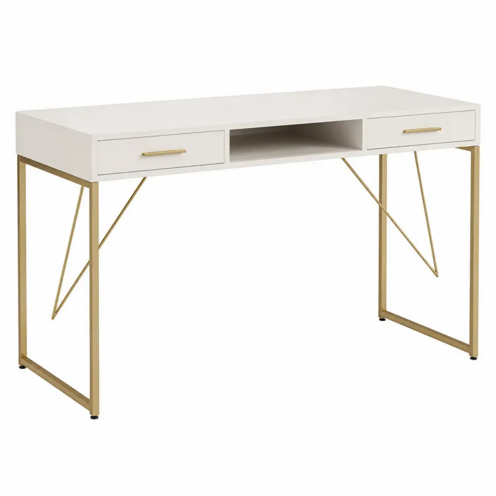 Escritorio de oficina de MDF con estructura metálica dorada y cajones blancos 120 cm x 50 cm x 75 cm