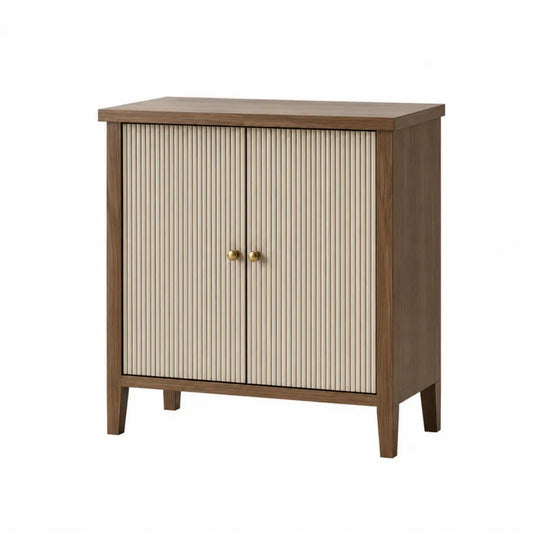 Aparador de cocina y comedor con 2 puertas ranuradas de MDF efecto madera y beige con tiradores dorados 100 x 40 x 90 cm
