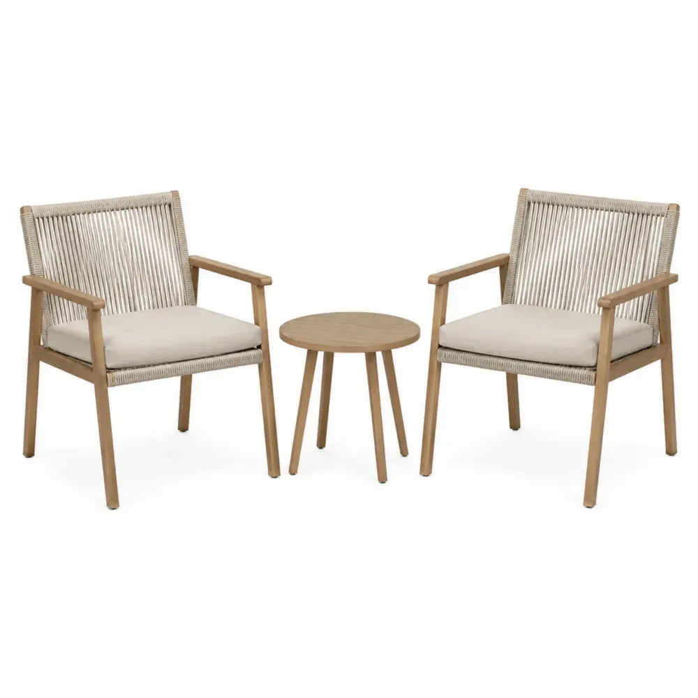 Conjunto de sillas de exterior con mesa auxiliar madera natural cuerda trenzada cojines beige 60 cm 65 cm 80 cm