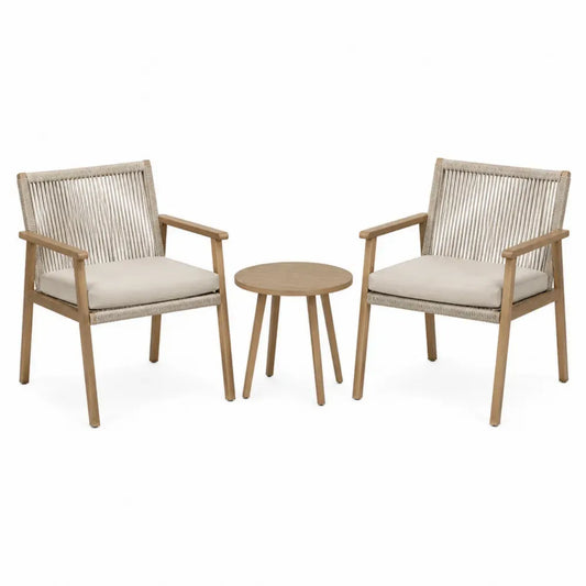 Conjunto de sillas de exterior con mesa auxiliar madera natural cuerda trenzada cojines beige 60 cm 65 cm 80 cm