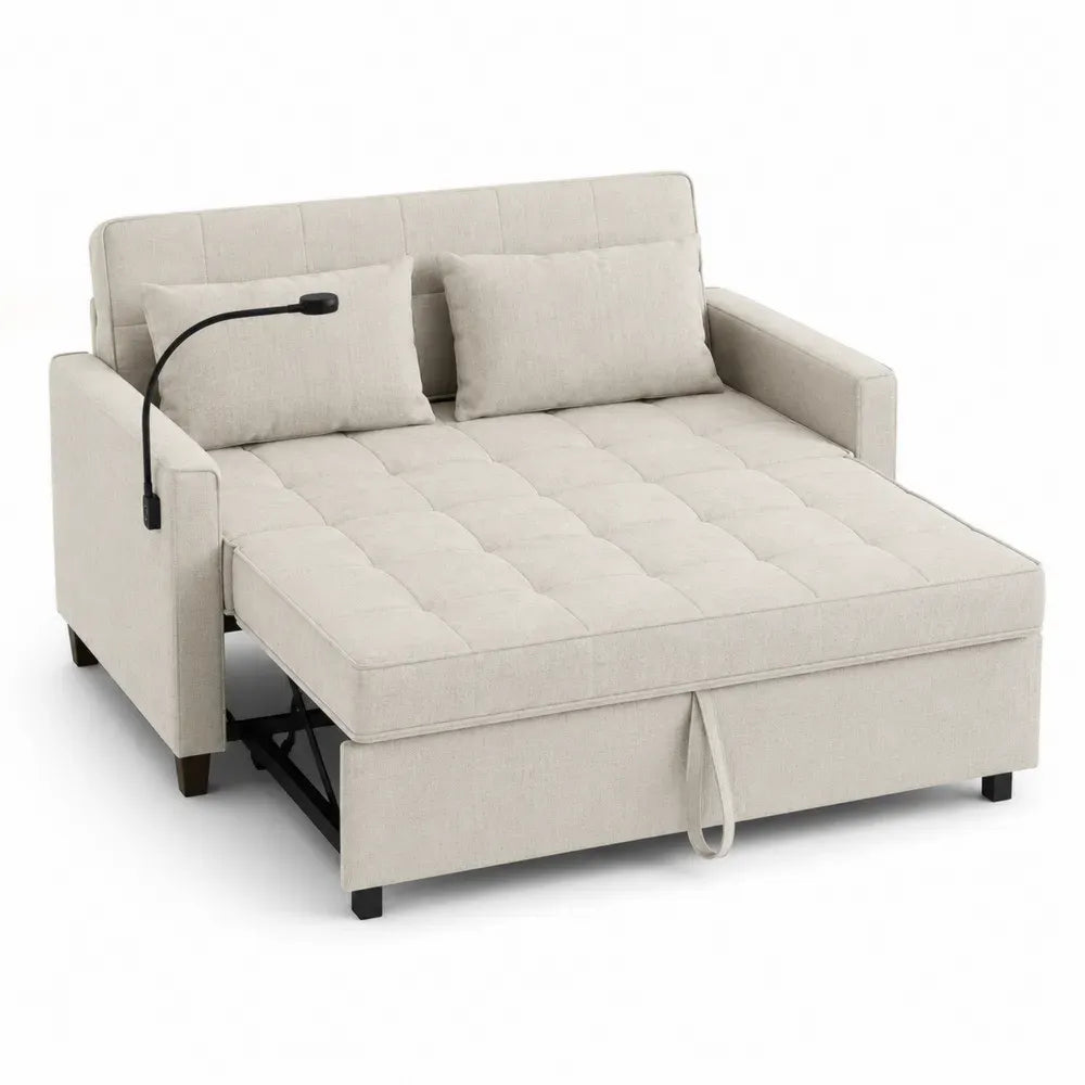 Sofá cama convertible tapizado en poliéster beige claro con sistema extraíble y lámpara de lectura 200 x 95 x 90 cm