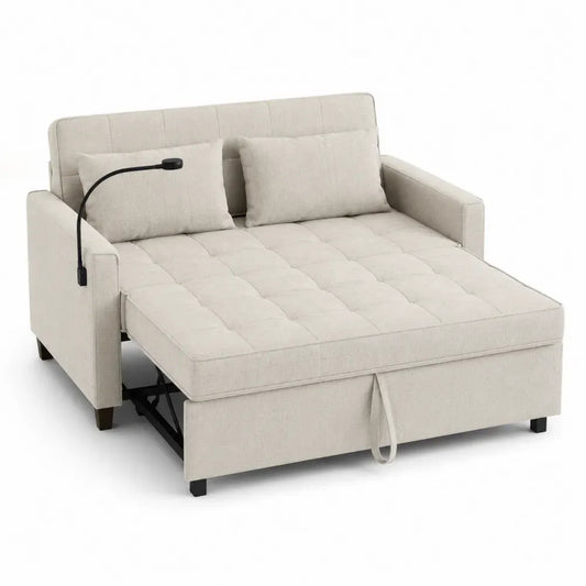 Sofá cama convertible tapizado en poliéster beige claro con sistema extraíble y lámpara de lectura 200 x 95 x 90 cm