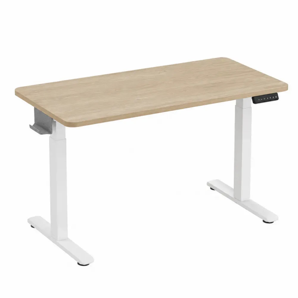 Escritorio elevable eléctrico rectangular con tablero MDF roble claro y estructura de acero blanca 120 cm x 60 cm