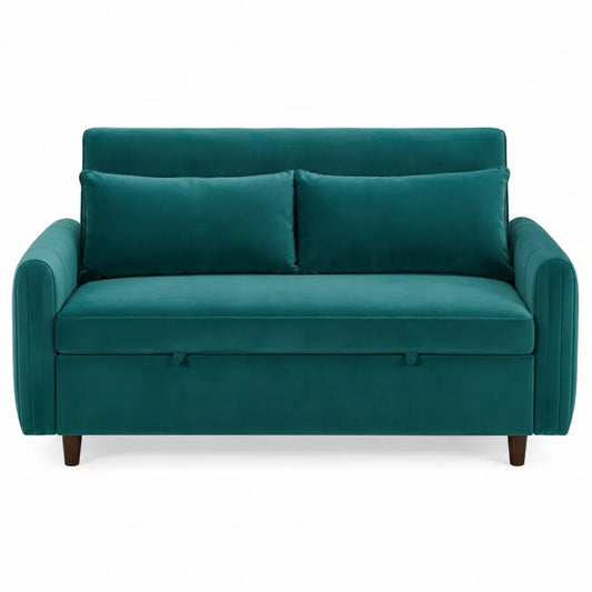 Sofá cama extensible de 2 plazas tapizado en poliéster verde azulado con estructura de madera contrachapada y metal 200 x 95 x 85 cm