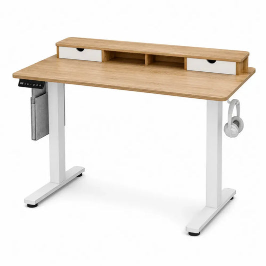 Escritorio elevable eléctrico con estante organizador MDF y estructura de acero blanco y madera natural 120 cm x 60 cm altura regulable