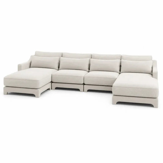 Sofá modular de 4 plazas tapizado en poliéster beige claro con doble chaise longue 300 x 180 x 78 cm