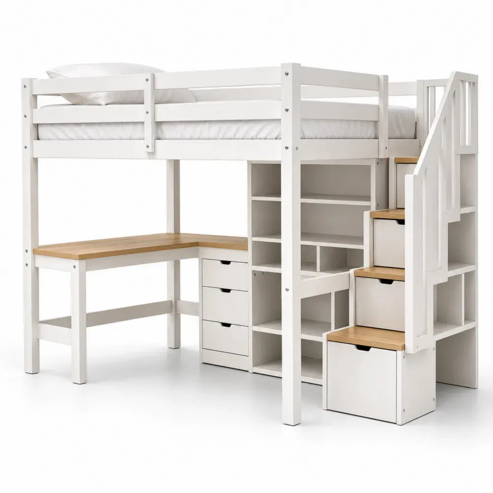 Cama alta infantil tipo loft de pino y MDF blanco y roble con escritorio cajones estantes y escalera 205 x 120 x 175 cm