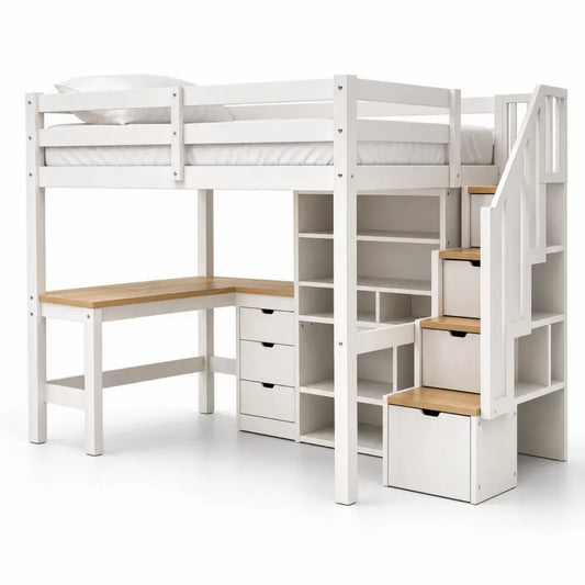 Cama alta infantil tipo loft de pino y MDF blanco y roble con escritorio cajones estantes y escalera 205 x 120 x 175 cm