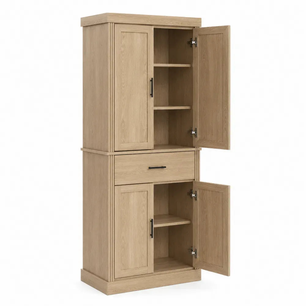 Aparador alto de cocina y comedor con 4 puertas 1 cajón tablero de partículas efecto roble claro y tiradores negros 80 x 40 x 180 cm