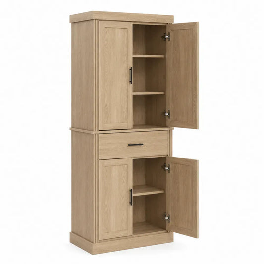 Aparador alto de cocina y comedor con 4 puertas 1 cajón tablero de partículas efecto roble claro y tiradores negros 80 x 40 x 180 cm