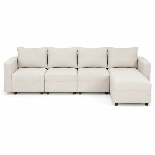 Sofá seccional modular de 4 plazas tapizado en poliéster beige claro con chaise longue derecha 290 x 170 x 78 cm