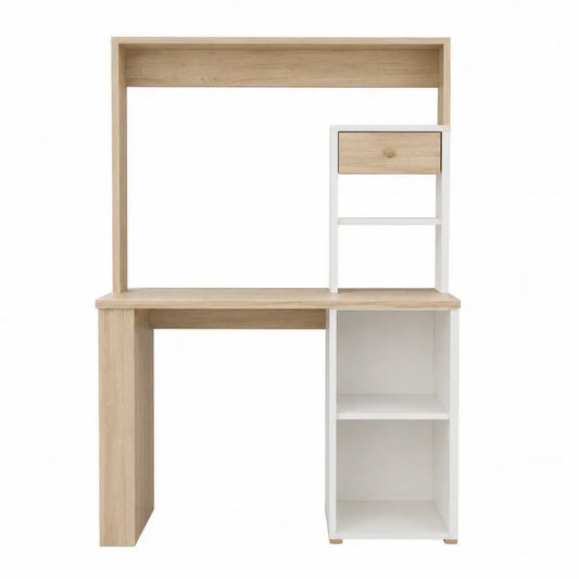 Escritorio rectangular de MDF roble claro y blanco con estantería superior cajón y estantes laterales 140 cm x 55 cm x 140 cm