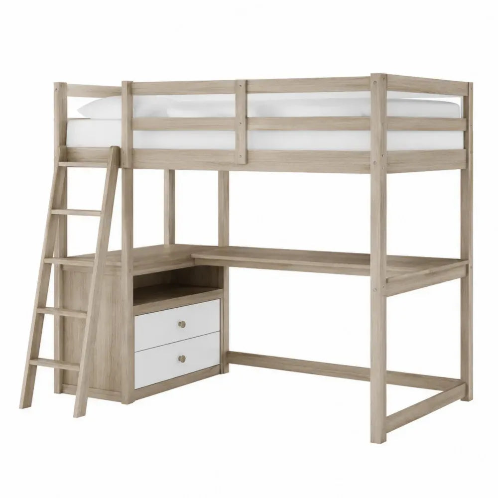 Cama alta tipo loft 90 cm x 200 cm madera de ingeniería metal madera natural blanco con escritorio escalera y cajones