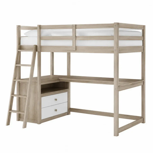 Cama alta tipo loft 90 cm x 200 cm madera de ingeniería metal madera natural blanco con escritorio escalera y cajones