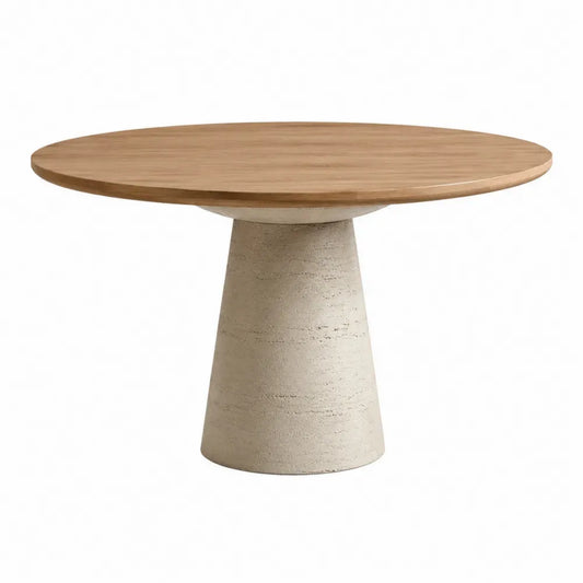 Mesa de comedor redonda 110 cm x 75 cm madera de ingeniería y base cónica de piedra color blanco madera natural estilo moderno