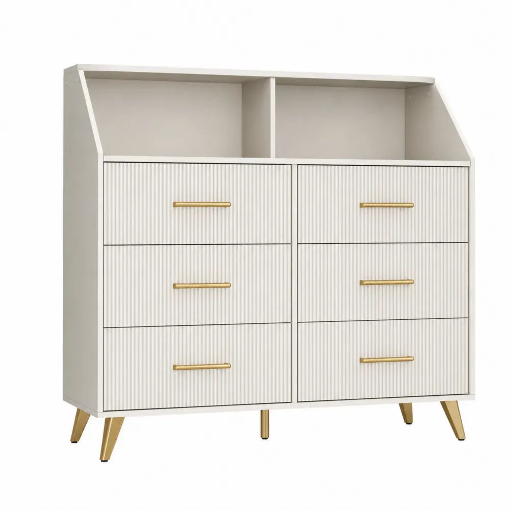 Cómoda rectangular de MDF blanco roto con 6 cajones estriados 2 compartimentos abiertos tiradores dorados y patas metálicas 80 x 40 x 120 cm