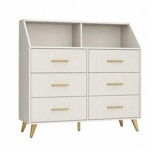 Cómoda rectangular de MDF blanco roto con 6 cajones estriados 2 compartimentos abiertos tiradores dorados y patas metálicas 80 x 40 x 120 cm