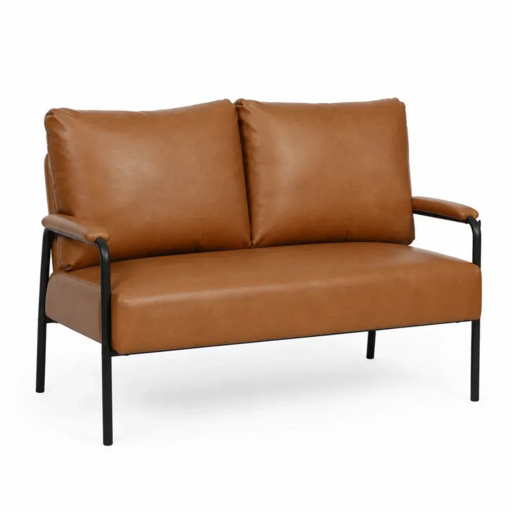 sofá de 2 plazas tapizado en piel sintética marrón 160 cm x 85 cm x 80 cm estructura de acero negro patas metálicas