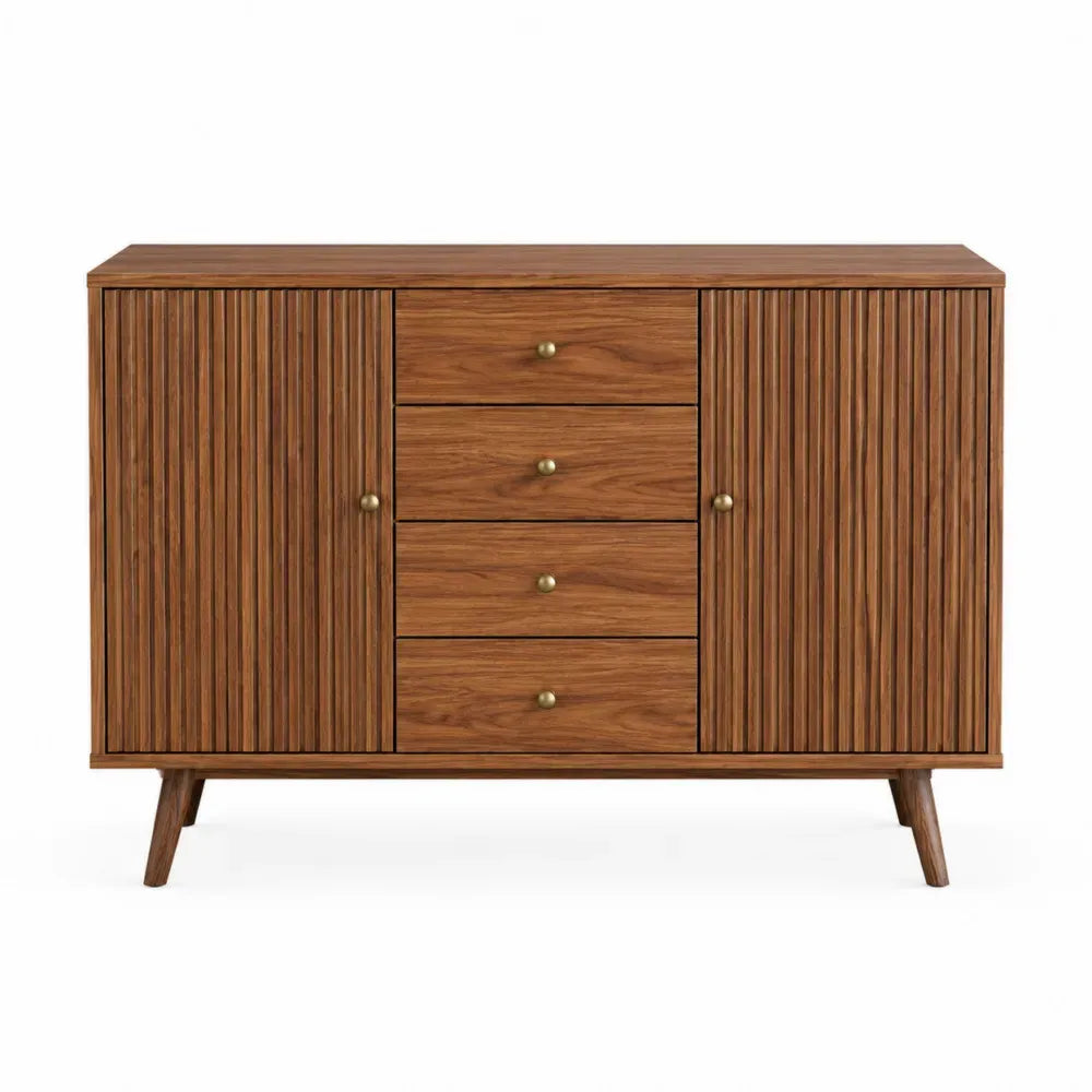 Aparador de cocina y comedor con 2 puertas ranuradas 4 cajones tablero de partículas efecto madera marrón y tiradores dorados 120 x 40 x 85 cm