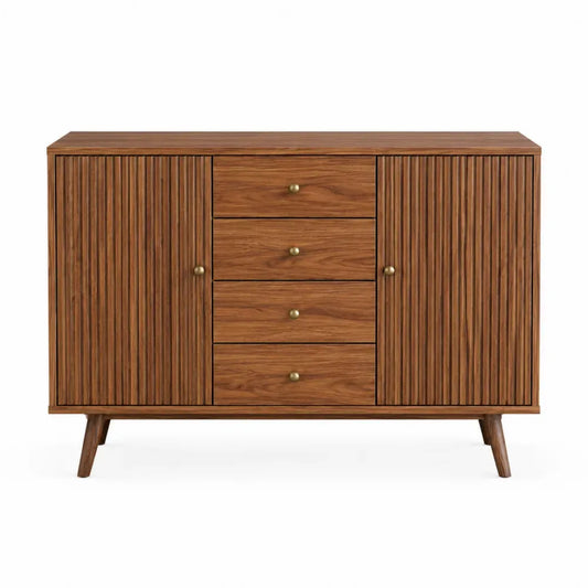 Aparador de cocina y comedor con 2 puertas ranuradas 4 cajones tablero de partículas efecto madera marrón y tiradores dorados 120 x 40 x 85 cm