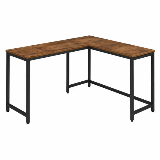 Escritorio en L rectangular de tablero de partículas efecto madera marrón con estructura de acero negro 150 cm x 120 cm x 75 cm