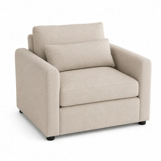 Sillón individual tapizado en poliéster beige claro con reposabrazos rectos cojín lumbar y patas negras 90 x 85 x 85 cm