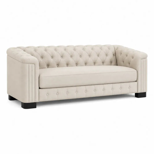 sofá de 2 plazas estilo chesterfield tapizado en tejido beige 180 cm x 85 cm x 75 cm estructura de madera patas negras