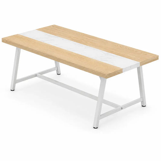 Escritorio de oficina tablero MDF madera natural con franja central efecto mármol estructura metálica blanca 140 cm x 70 cm x 75 cm