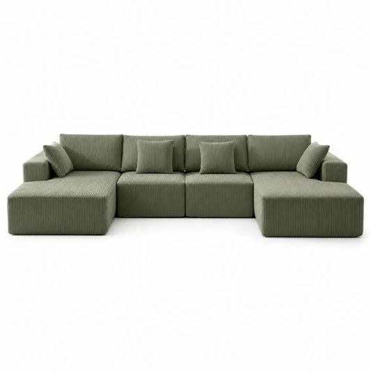 Sofá modular de 4 plazas tapizado en poliéster chenilla verde oliva con doble chaise longue 320 x 180 x 85 cm