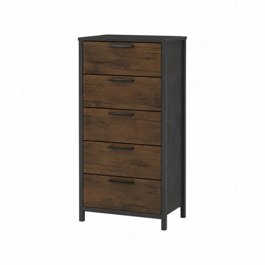 Cómoda rectangular de MDF efecto madera oscura y acero negro con 5 cajones 60 x 40 x 120 cm