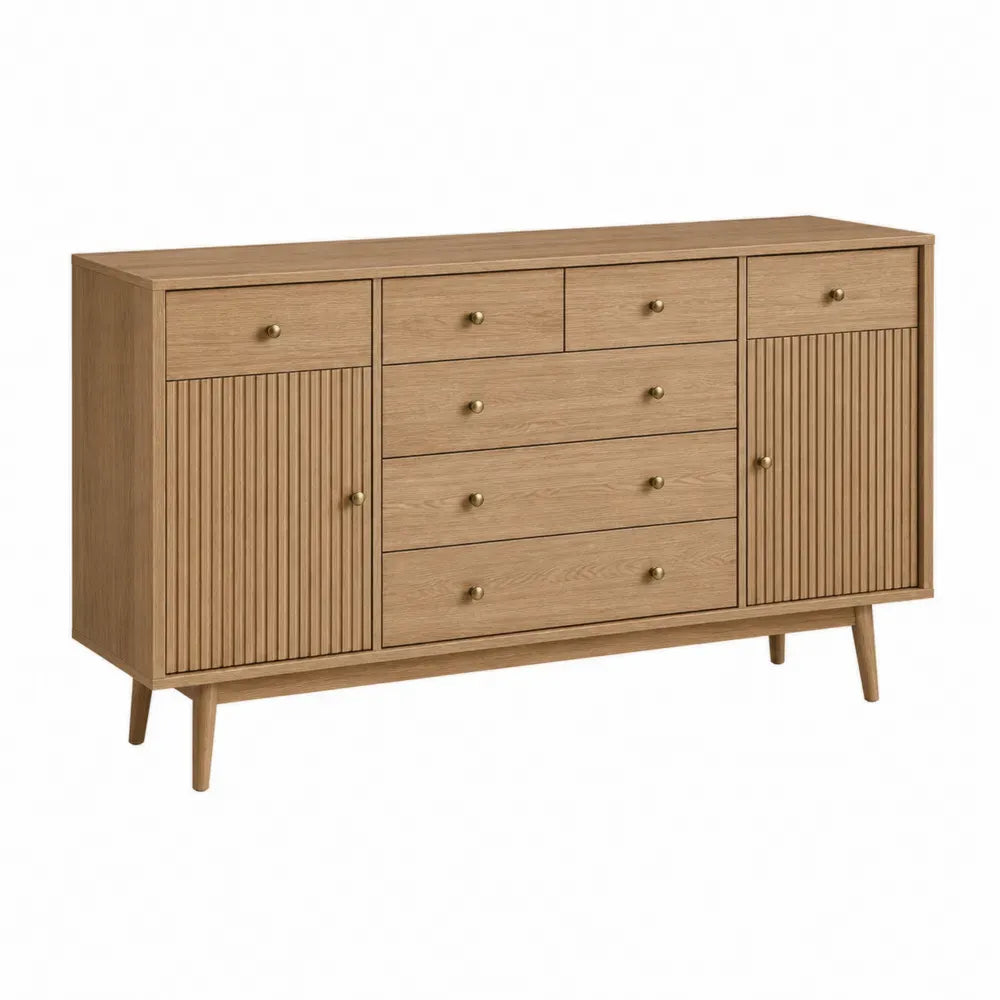 Cómoda rectangular de MDF efecto roble natural con 7 cajones 2 puertas estriadas tiradores dorados y patas cónicas 120 x 40 x 80 cm