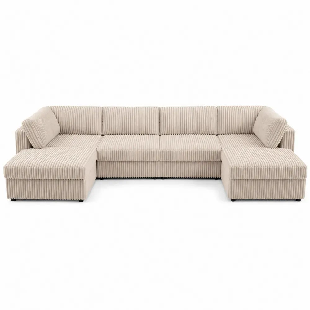 sofá esquinero modular en forma de L tapizado en pana acanalada beige 300 cm x 180 cm x 75 cm con chaise longue estructura de madera contrachapada
