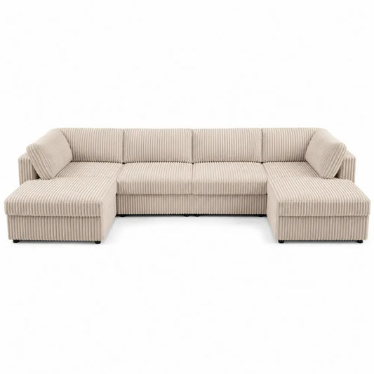 sofá esquinero modular en forma de L tapizado en pana acanalada beige 300 cm x 180 cm x 75 cm con chaise longue estructura de madera contrachapada