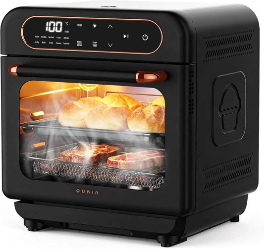 OUNIN 8-in-1, Mini trouby, 12L Mini- trouba, parní trouba a fritéza na horký vzduch, 1100W, Černá / stříbrná, 12L