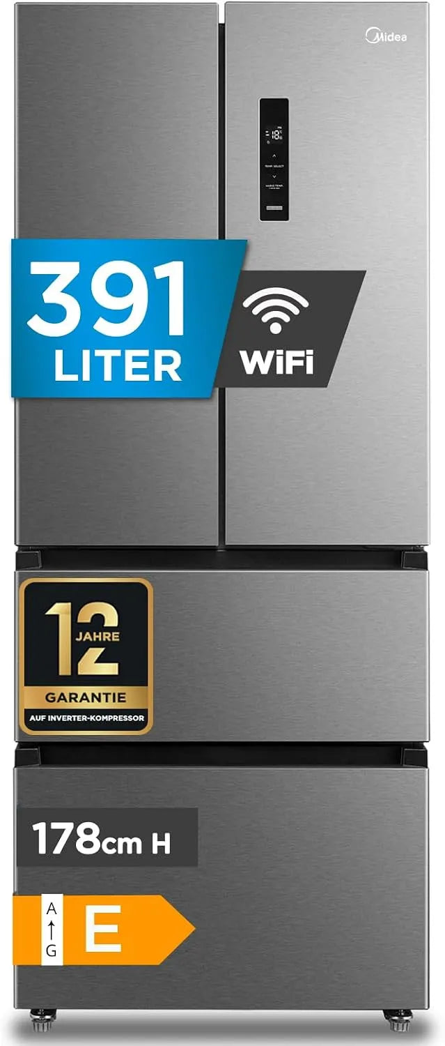 Midea MERF402FIE02, Kombinované chladničky s mrazákem, Francouzská dvířka Lednice / Mrazicí box / 391 litrů NoFrost / Inteligentní WiFi, Bílá
