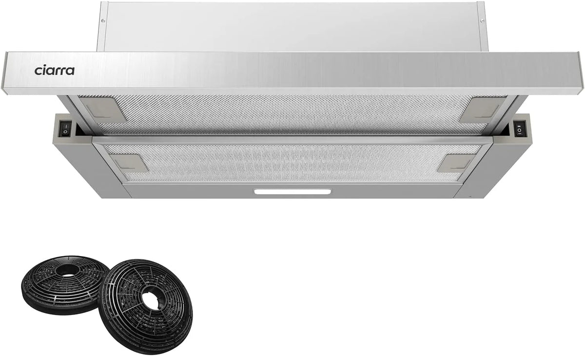 CIARRA CBCF002X2, Výsuvné digestoře, A + + Plochá obrazovka Extraktor Fumer kapuce 60 cm cirkulační vzduch 370 m3 / h, Stříbrná, 60 cm, 002X2