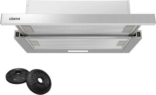 CIARRA CBCF002X2, Výsuvné digestoře, A + + Plochá obrazovka Extraktor Fumer kapuce 60 cm cirkulační vzduch 370 m3 / h, Stříbrná, 60 cm, 002X2