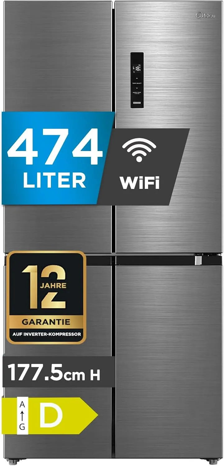 Midea, Kombinované chladničky s mrazákem, 474L Chladník na kříže-mrazák, 4- Dveře, Bílá, 474L, 305L, 169L, 237 kW