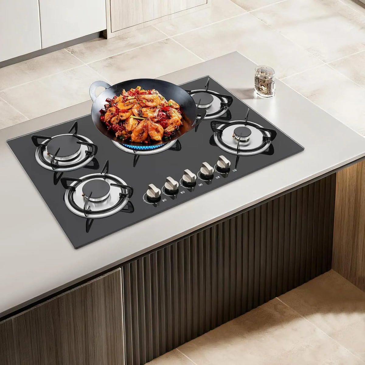 Esyogen, Varné desky, Plynová varná deska 5 Plameny tvrzené sklo Built- in plynové sporák Built- in, Černá, 510 mm, 20mm, 70, 30.3 '