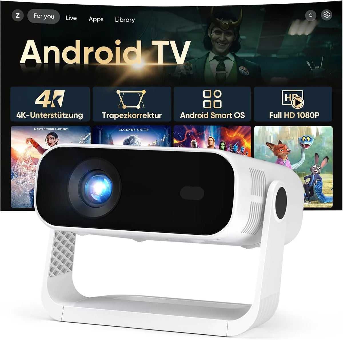 Wielio 4K-Dekodierung 1080P, Projektory, 2026 Nový inteligentní Mini Beamer integrovaný APP, Android 14, Podporuje a 4K, Šedá, 4K, 20000 L