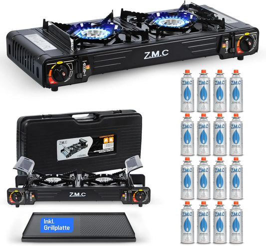 Z.M.C 2-flammig, Kempinkové sporáky, ZMC Camping Kocher 2- plamen 2, 5 kW s piezo zapalováním & TRANSPORTKOFFER, Černá, 2, 5 kW, 0 kW, 4