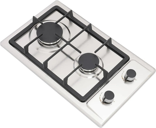 DAOHHFO, Varné desky, Plynová varná deska 2 Plamen, nerezová kempinková kamna s redukčním ventilem, Stříbrná, 3KW, 1.75KW, 2 v, 51 × 31 × 10 cm