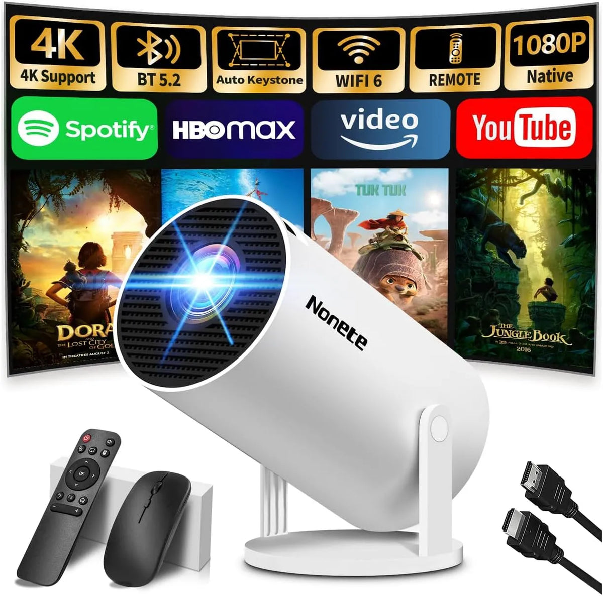 Nonete HDMI/USB/PS5 1080P, Projektory, Vidéoprojecteur FHD Mini Projecteur Video 4K avec WiFi 6 BT5.2 Android TV, Šedá, 5 V, 4K, 800 g, 7 x 15