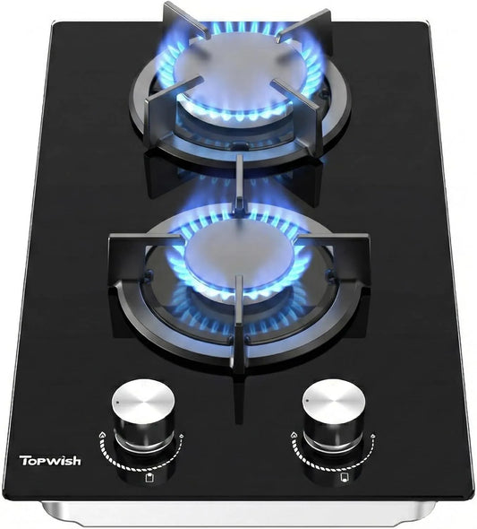 TOPWISH, Varné desky, Gas Cooktop 2 Flame, Plynový sporák 2 Flame 4750W, Černá, 4750W, 3.0 kW, 1.75 kW, 510X295X98