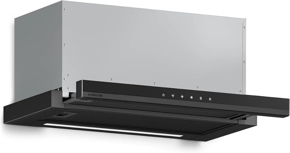 Klarstein, Nástěnné digestoře, Velaire rozsah kapuce 60cm, podstavba, rozpínatelné, 896 m3 / h boost, dotyk, Černá, 60cm, 67 dB, 28 × 59