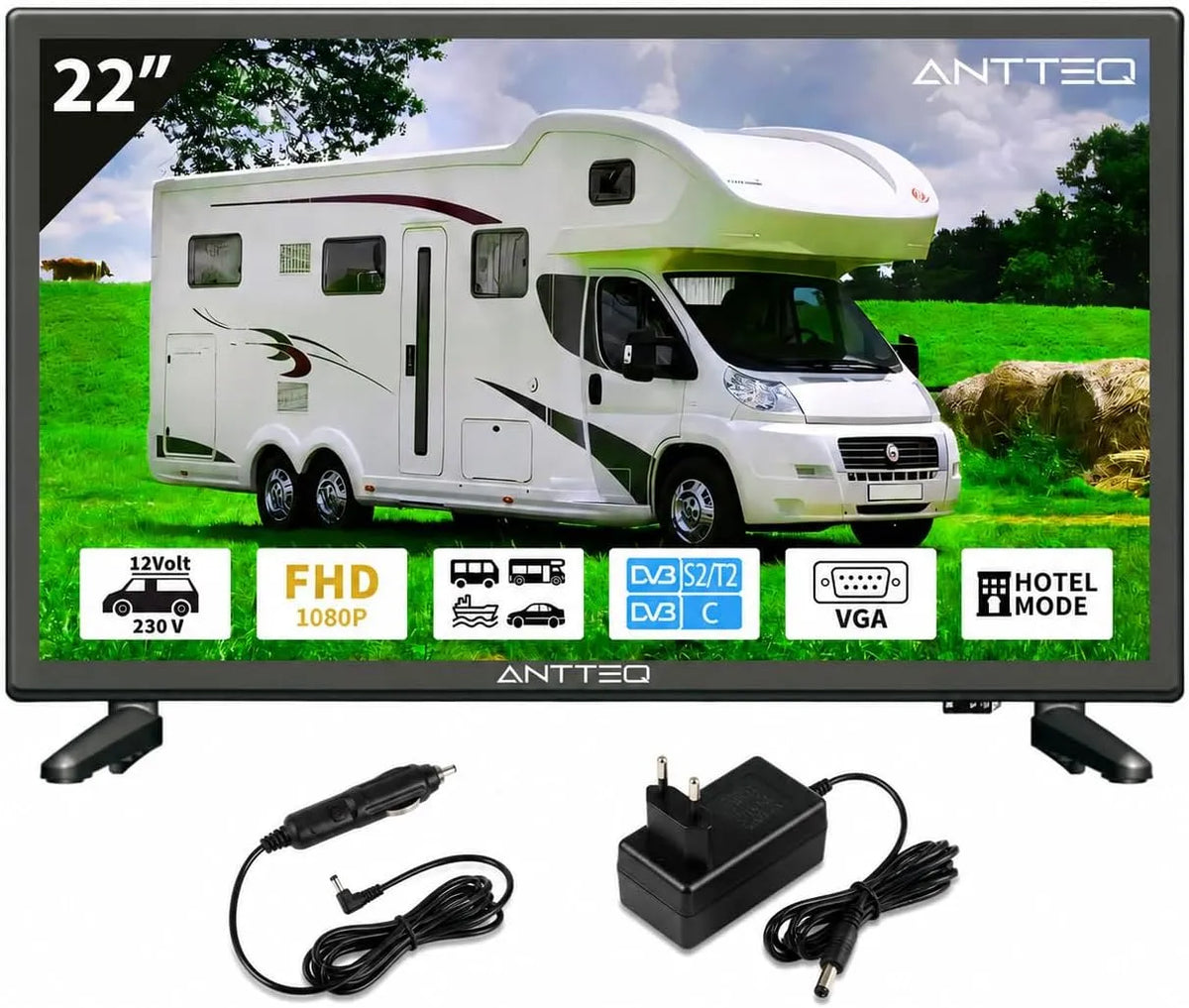 Antteq DVB-C/T2/S2 AE22F5C-T21, Přenosné televizory, TV 22 palců (55 cm) 2K D-LED s adaptérem 230V & 12V auto, trojitý tuner DVB-C /, Černá, 55 cm