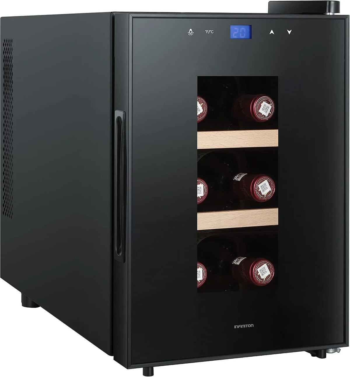 INFINITON ELECTRONICS WCL-6B, Vinné skříně, VINOTECA INFINITON (G, kapacita až 6 lahví, dřevěné police, LED displej, skleněné, Černá, 6 l, 20 l