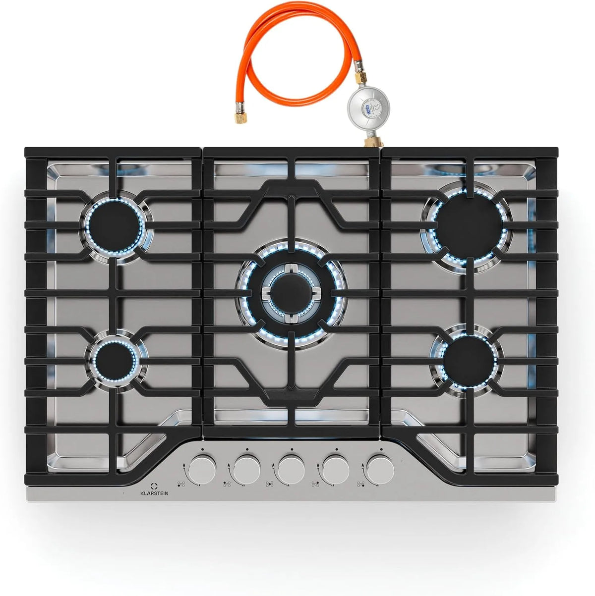 Klarstein 5-Brenner, Varné desky, Turbocast Gas Kochfeld - 5hořák nerezová ocel 304, 3.4 kW Wokbrenner, Litinový, Stříbrná, 3.4 kW, 750x500 mm