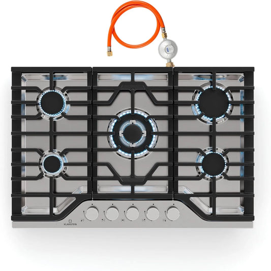 Klarstein 5-Brenner, Varné desky, Turbocast Gas Kochfeld - 5hořák nerezová ocel 304, 3.4 kW Wokbrenner, Litinový, Stříbrná, 3.4 kW, 750x500 mm