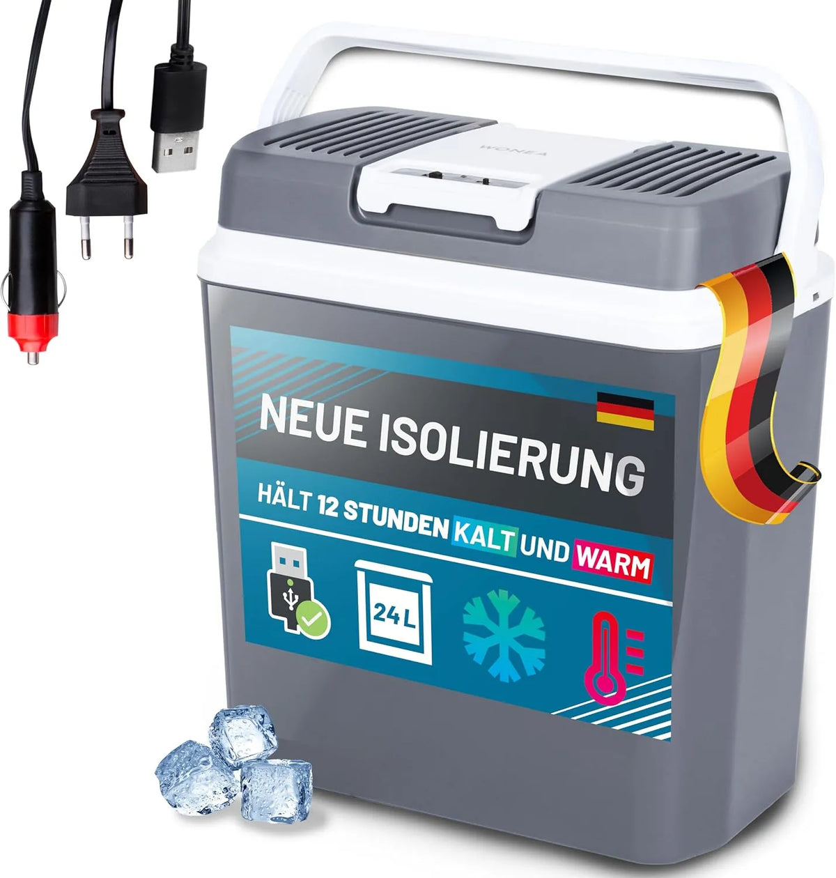 WONEA, Chladničky, 24 litrová chladicí box elektrický 230V, auto 12V, USB připojení COOLING a WARMING, Černá, 24 l, 230V, 12V, 18dB